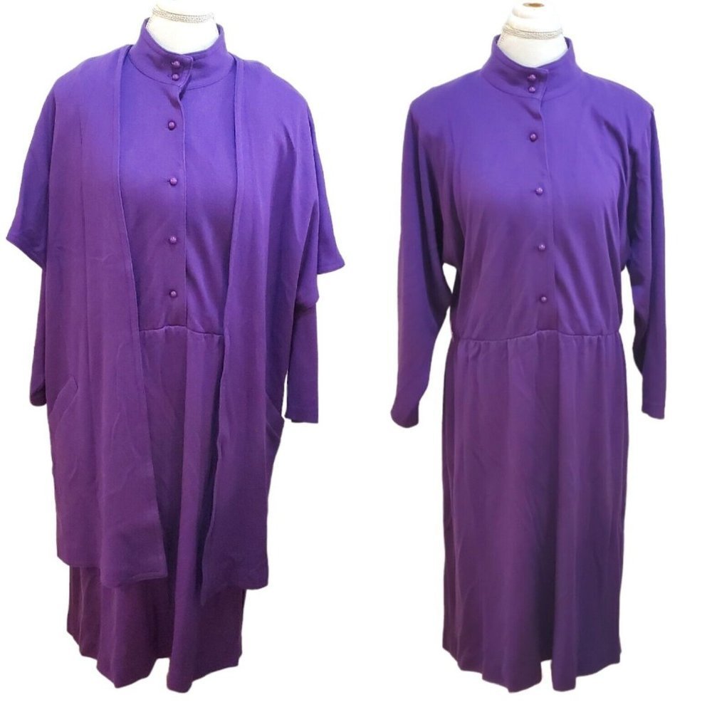 Vintage 70s Modest 2 Pc Dress Longsleeve Mockneck Midi Sz M/L With‎ Shrug
